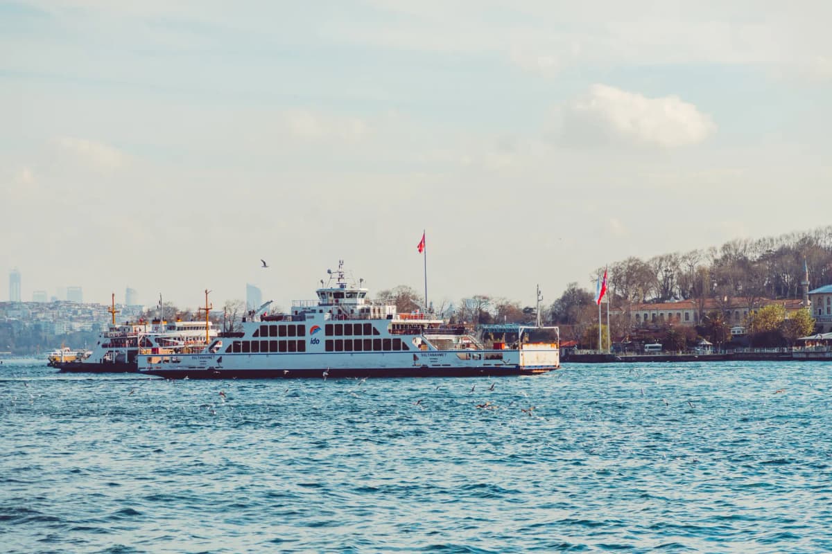 Ferry boats navigating the Bosphorus Strait in Istanbul with a cityscape background.