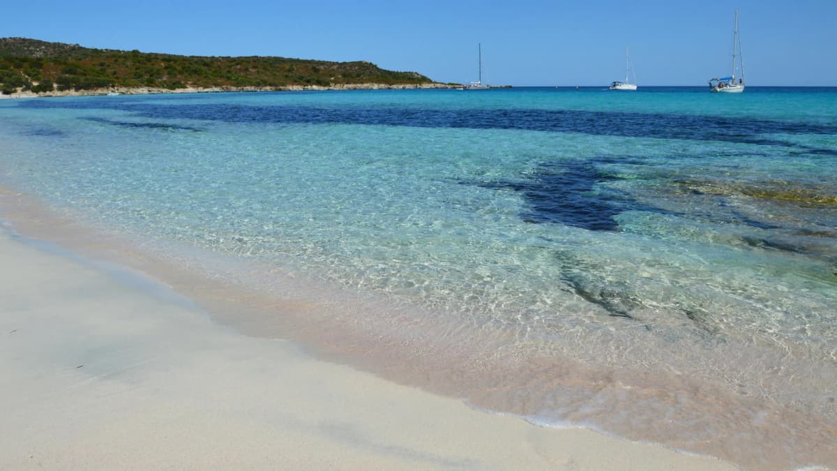 Crystal-clear waters and sandy shores at Plage de Saleccia, Corsica, with sailboats on the horizon.